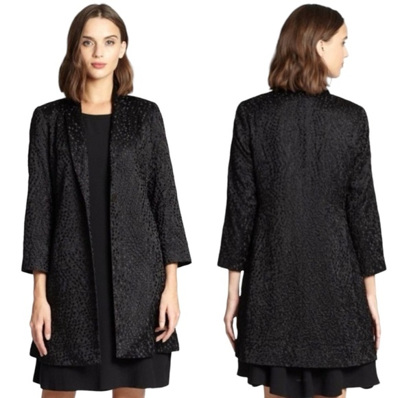 Eileen Fisher Embroidered Silk Dot High Collar Coat in Black Size L